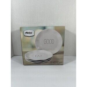 Parini 4 Piece Ceramic 10 Inch Plate Set TASTY YUMMM GOOD EAT Design